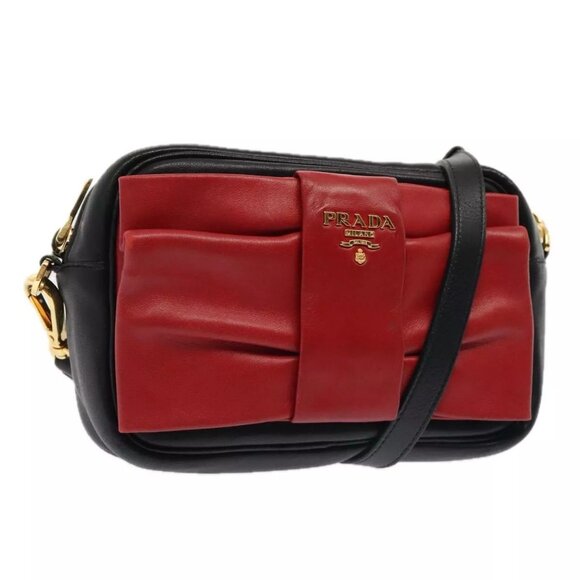 PRADA Shoulder Bag Leather Red Black gold Auth 89601 - Picture 1 of 16